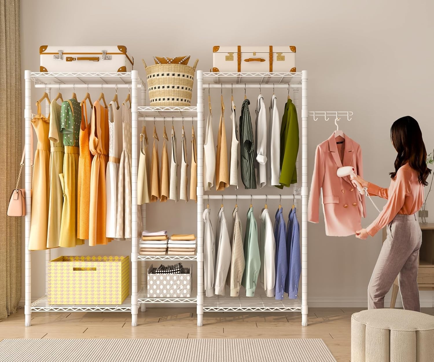 Heavy Duty Clothes Rail 7 Tier Adjustable Shelves 4 Rods White