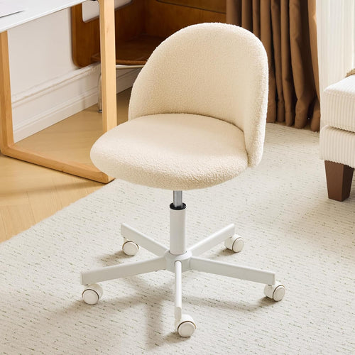 Cream Beige Armless Swivel Desk Chair – Teddy Fleece, Adjustable Height & Wheels