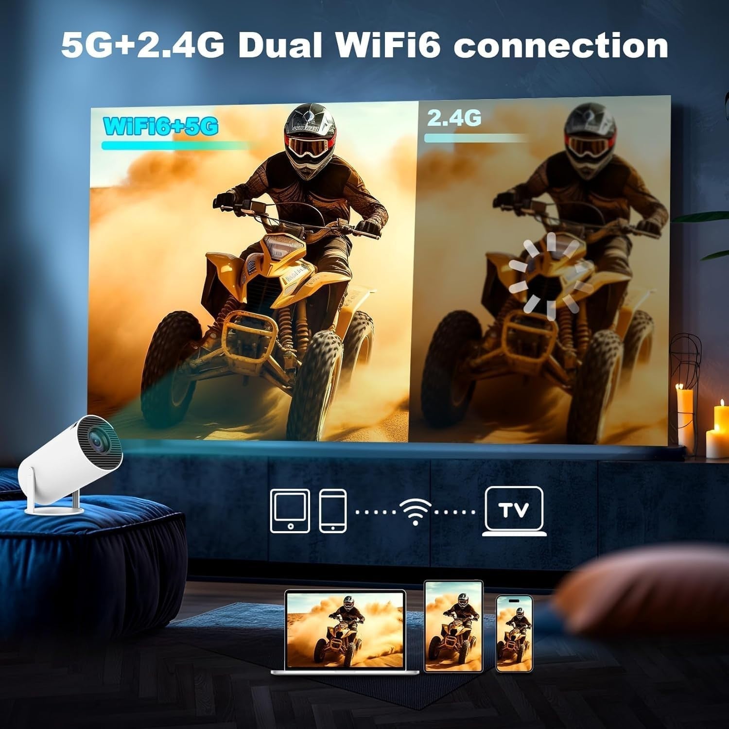4K Mini Smart Projector 1080P Android 13 WiFi 6 Bluetooth 180°