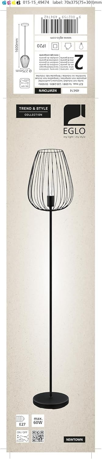 Vintage Black Steel Floor Lamp with Foot Switch, E27 Socket, Living Room