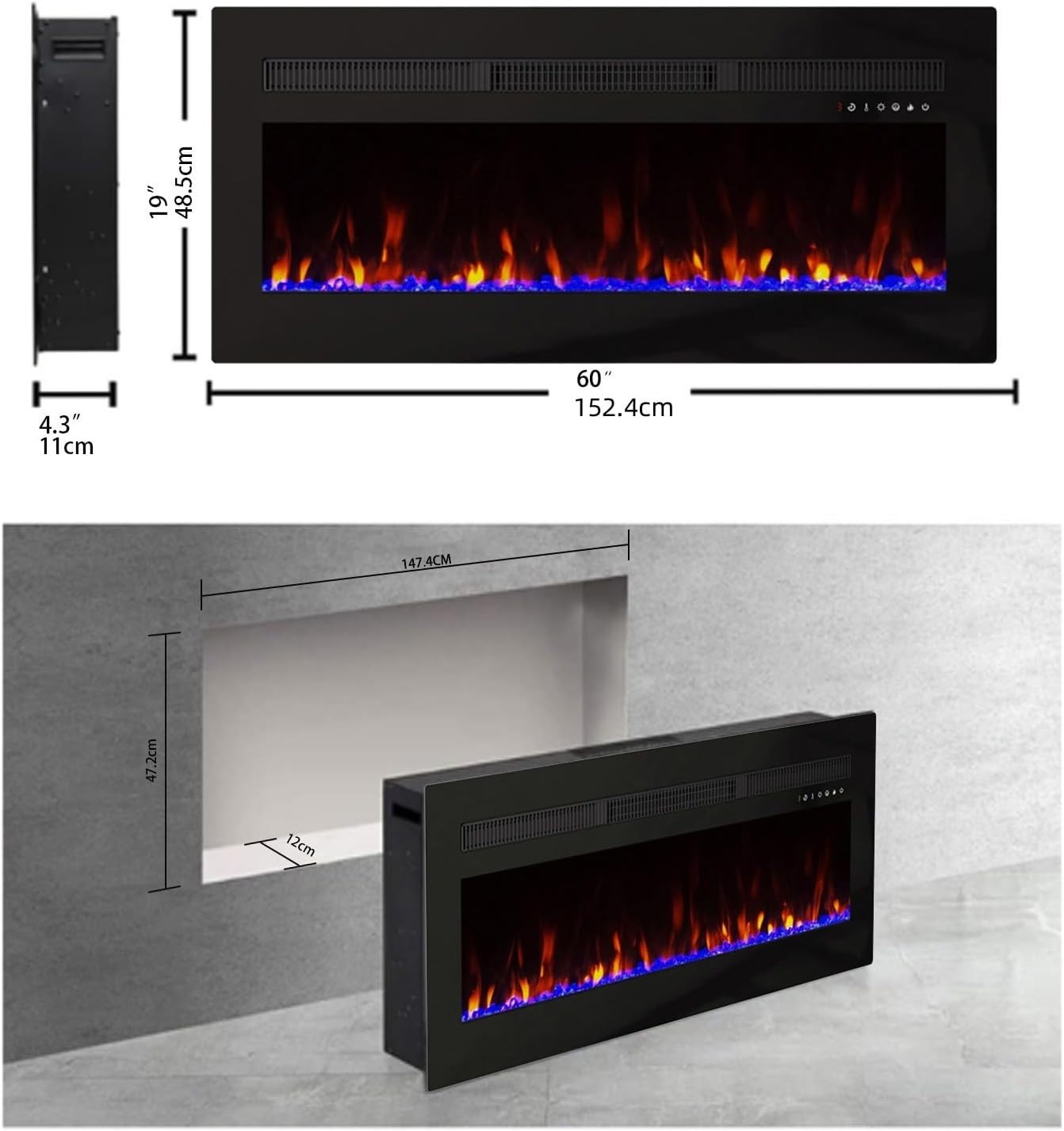 60" Electric Insert Fireplace LED Flames 12 Colors Wall Mount Recessed