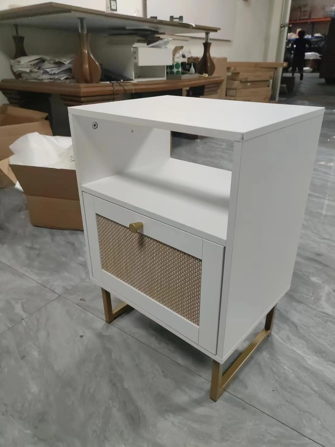 Modern Rattan Bedside Table with Drawer & Shelf – Boho White Wood Nightstand