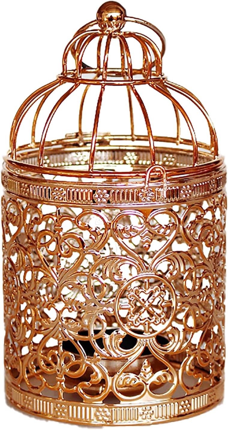 Decorative Hanging Lantern – Bird Cage Metal Candle Holder (B Rose Gold)