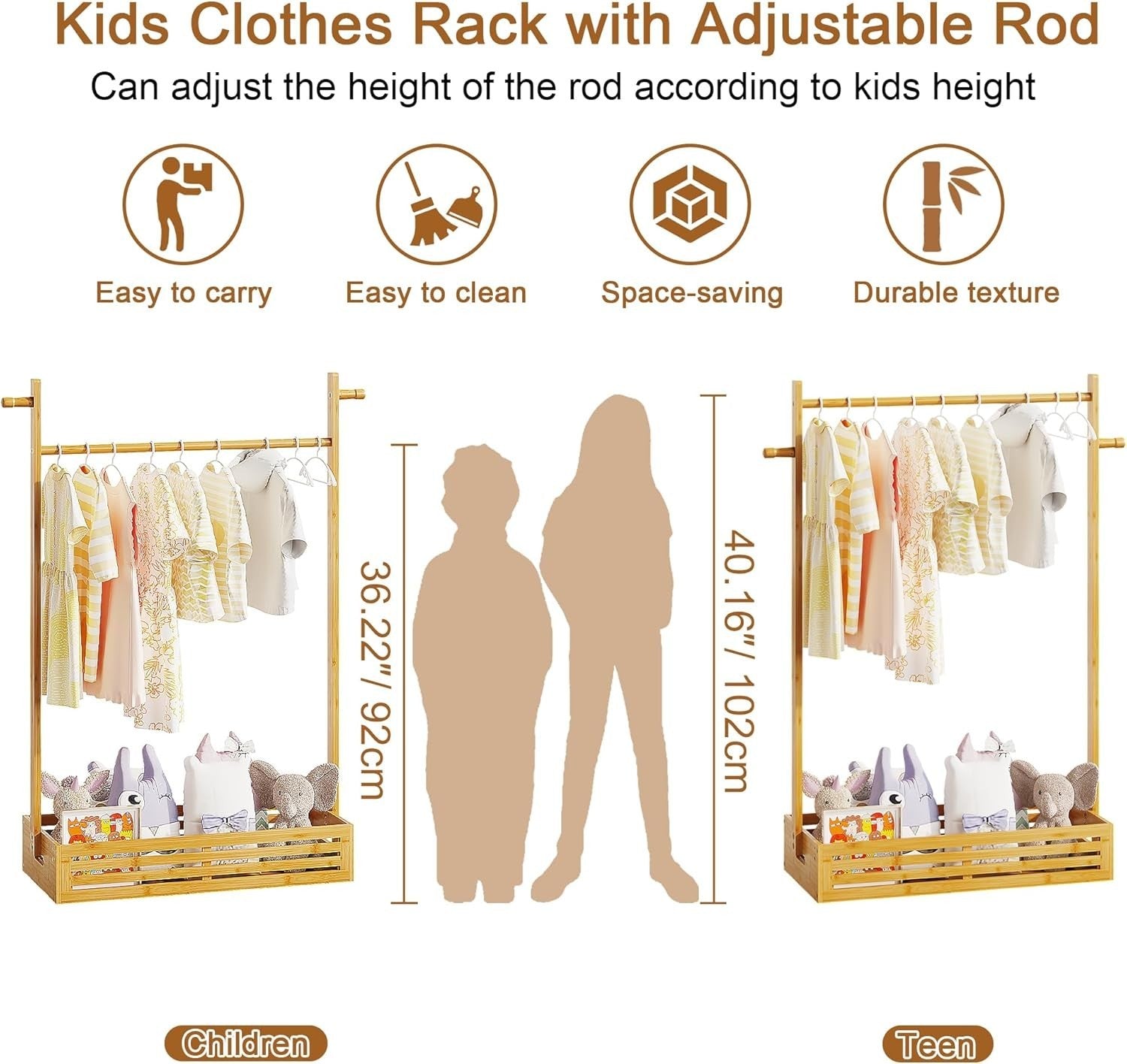Kids Bamboo Clothes Rack with Adjustable Hanging Rod and Storage Box, Natural