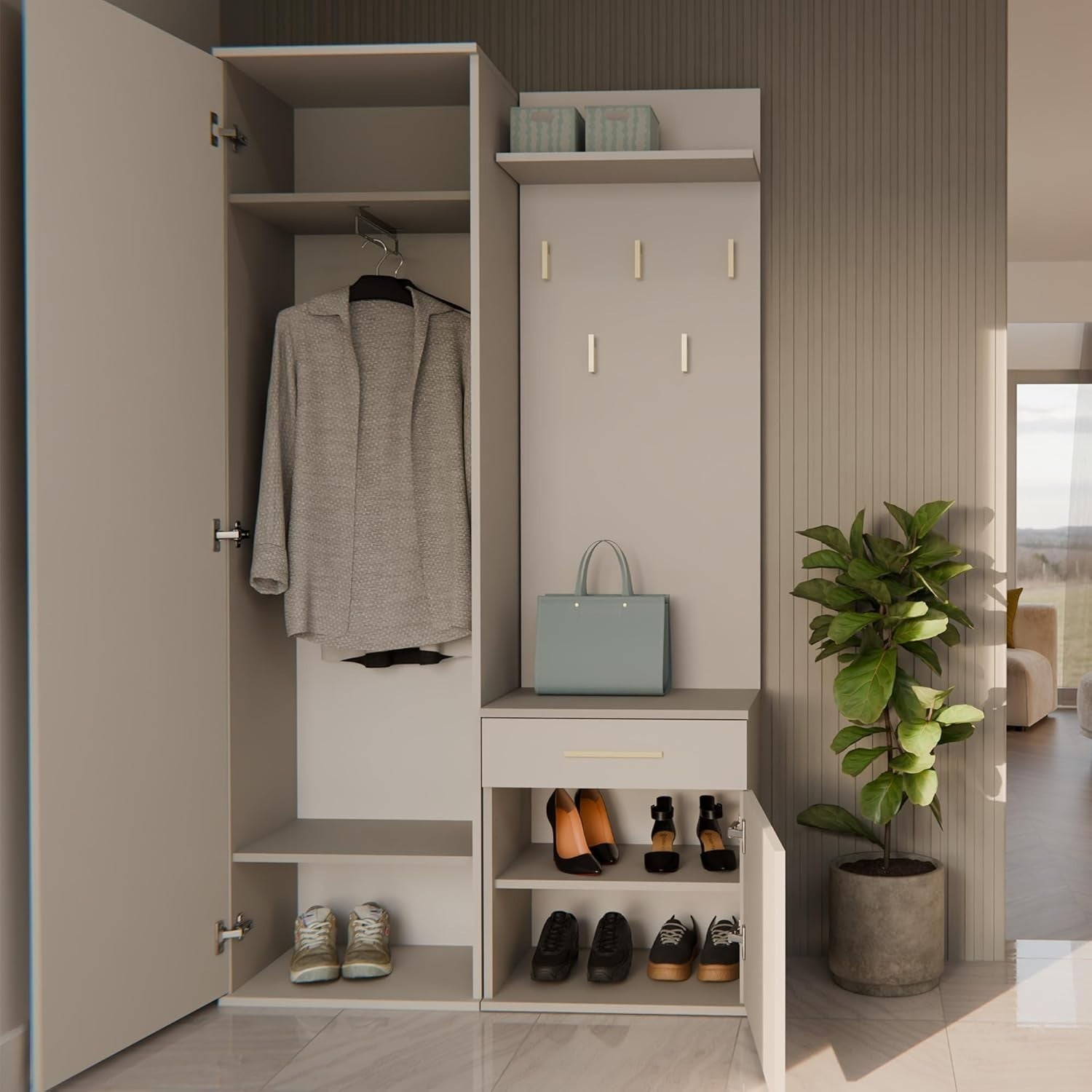 Modern Cashmere Hallway Wardrobe with Hooks, Drawers & Shoe Storage, 180cm