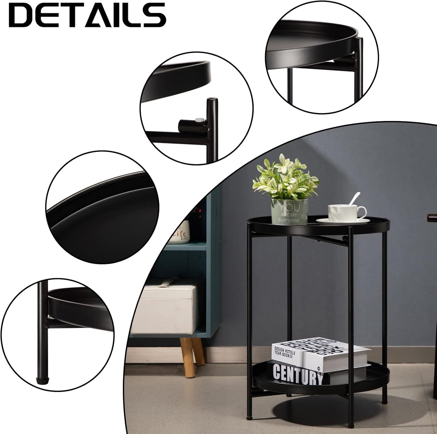 Black Metal Round Side Table – Removable Tray, Small 2 Tier Coffee Table