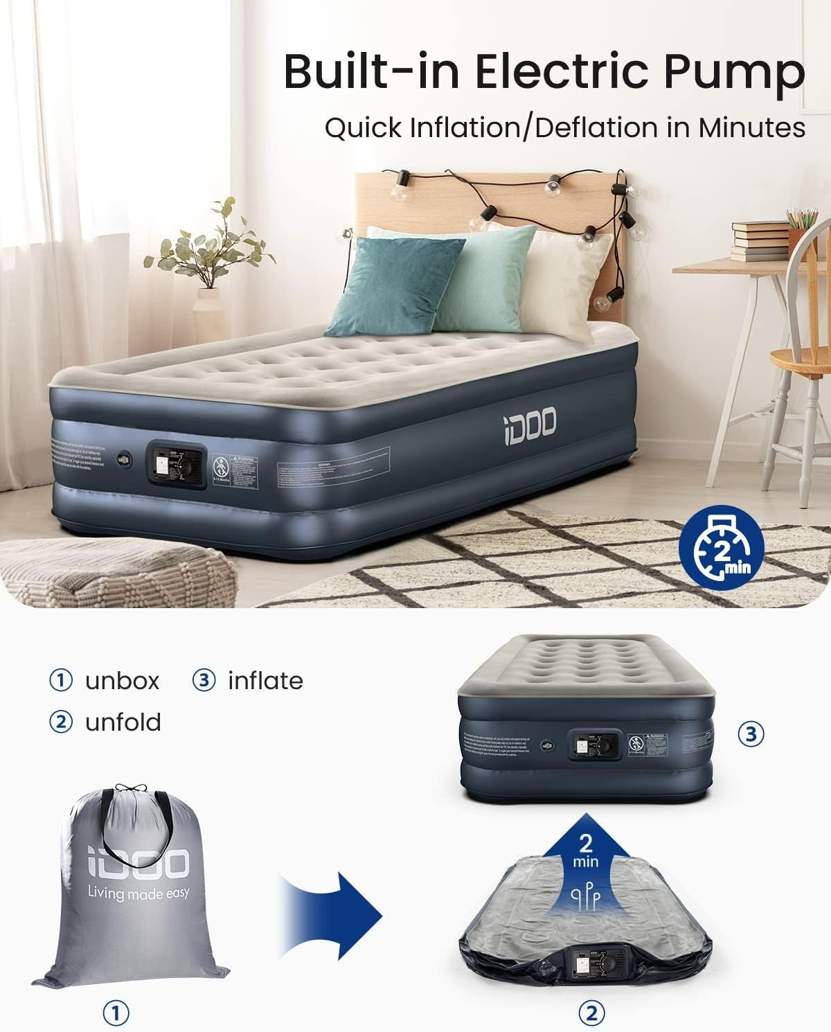 Single Air Bed Built In Electric Pump Fast Inflate Portable Mattress