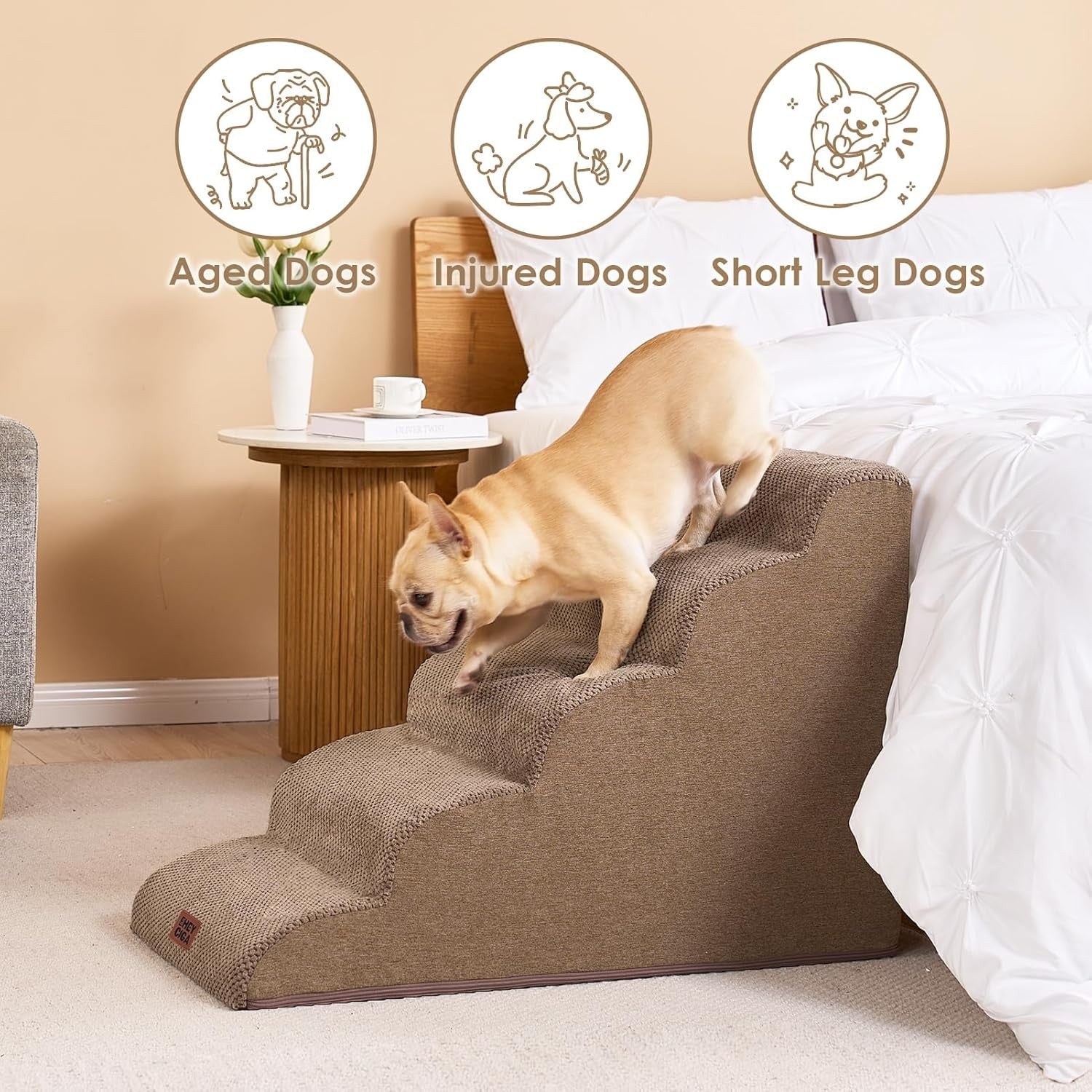 5 Step Dog Stairs for High Bed Non Slip Foam Pet Steps Washable Camel