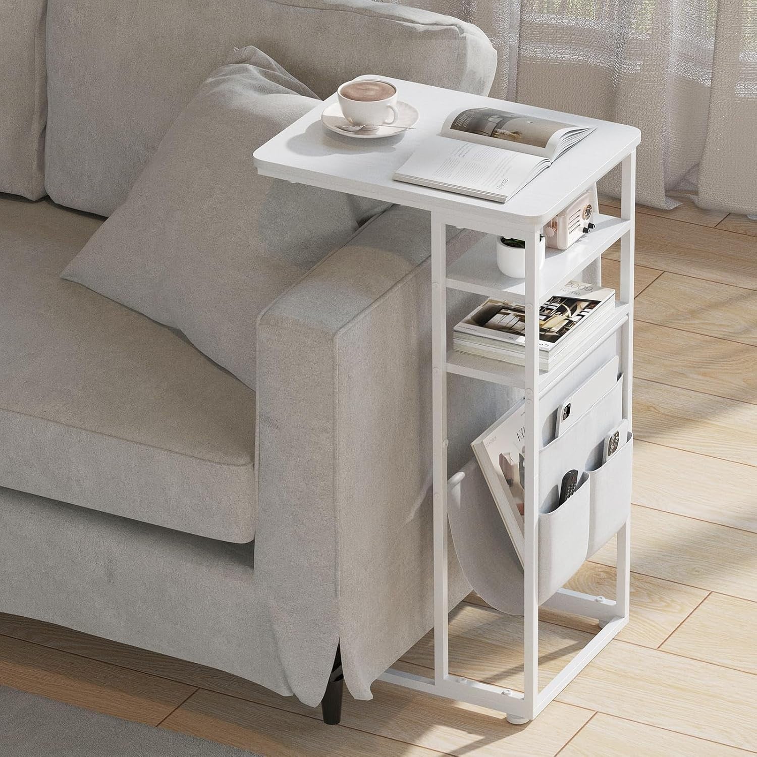 Slim C-Shaped End Table with Storage Bag | Adjustable Metal Frame, Space Saver