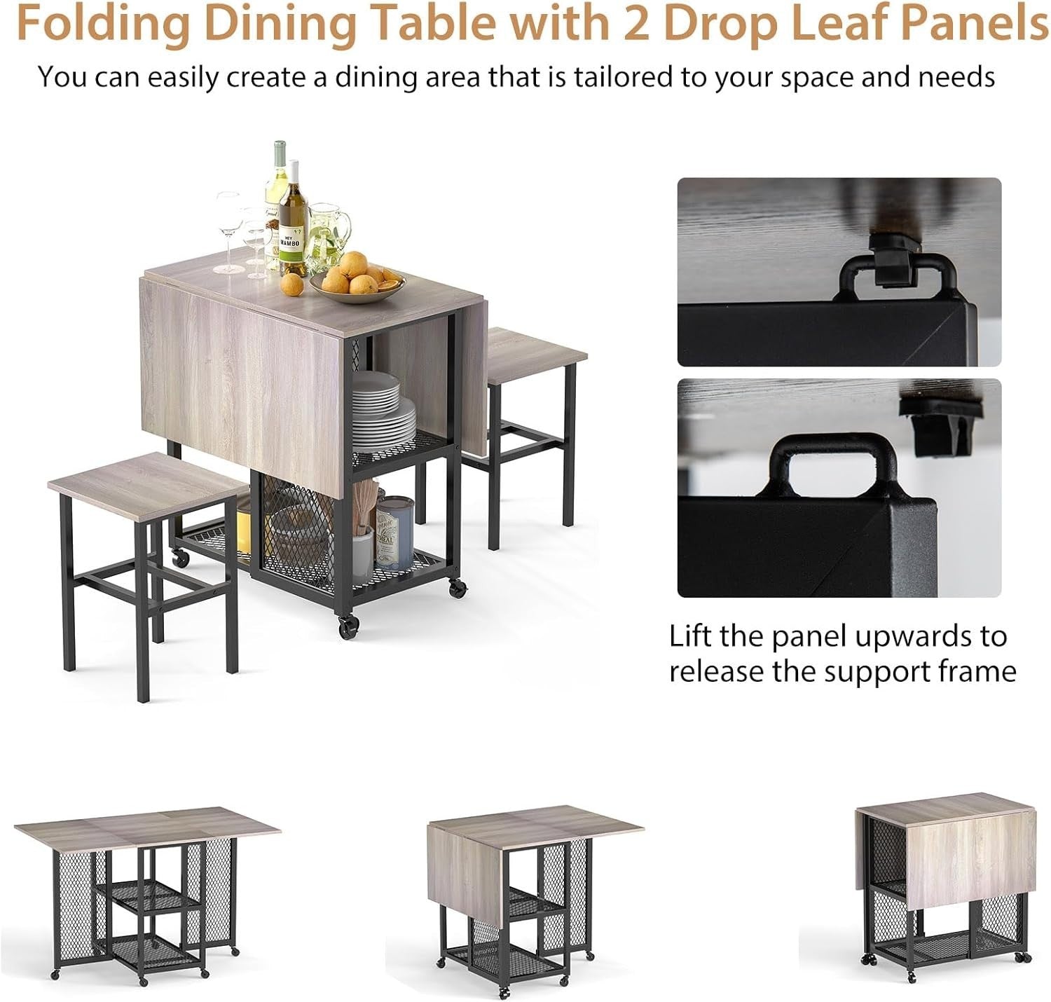 Compact Folding Dining Table Set with Stools & Storage Shelves 120cm