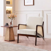 Beige Corduroy Accent Armchair Rattan Wood Lounge Chair Mid Century