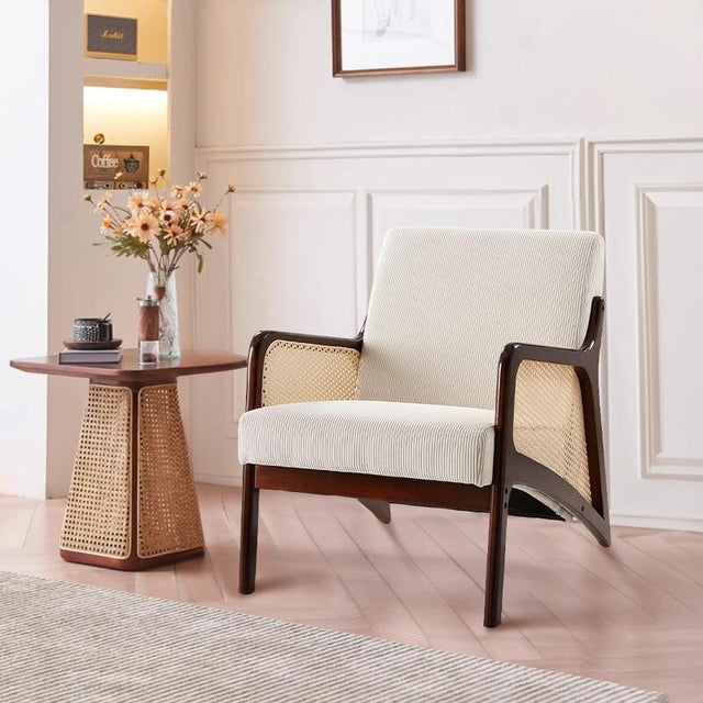 Beige Corduroy Accent Armchair Rattan Wood Lounge Chair Mid Century