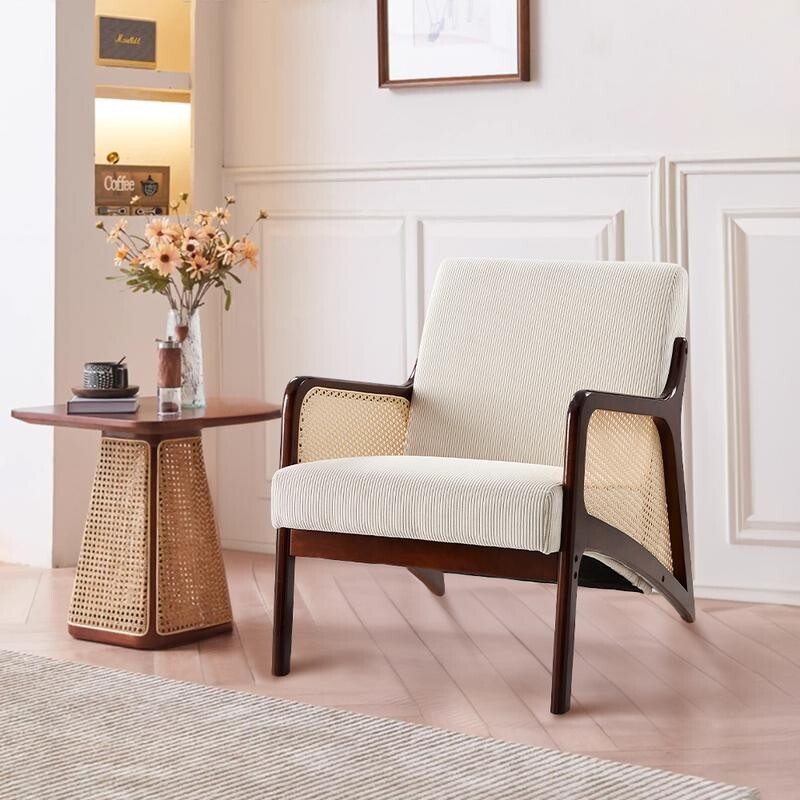 Beige Corduroy Accent Armchair Rattan Wood Lounge Chair Mid Century