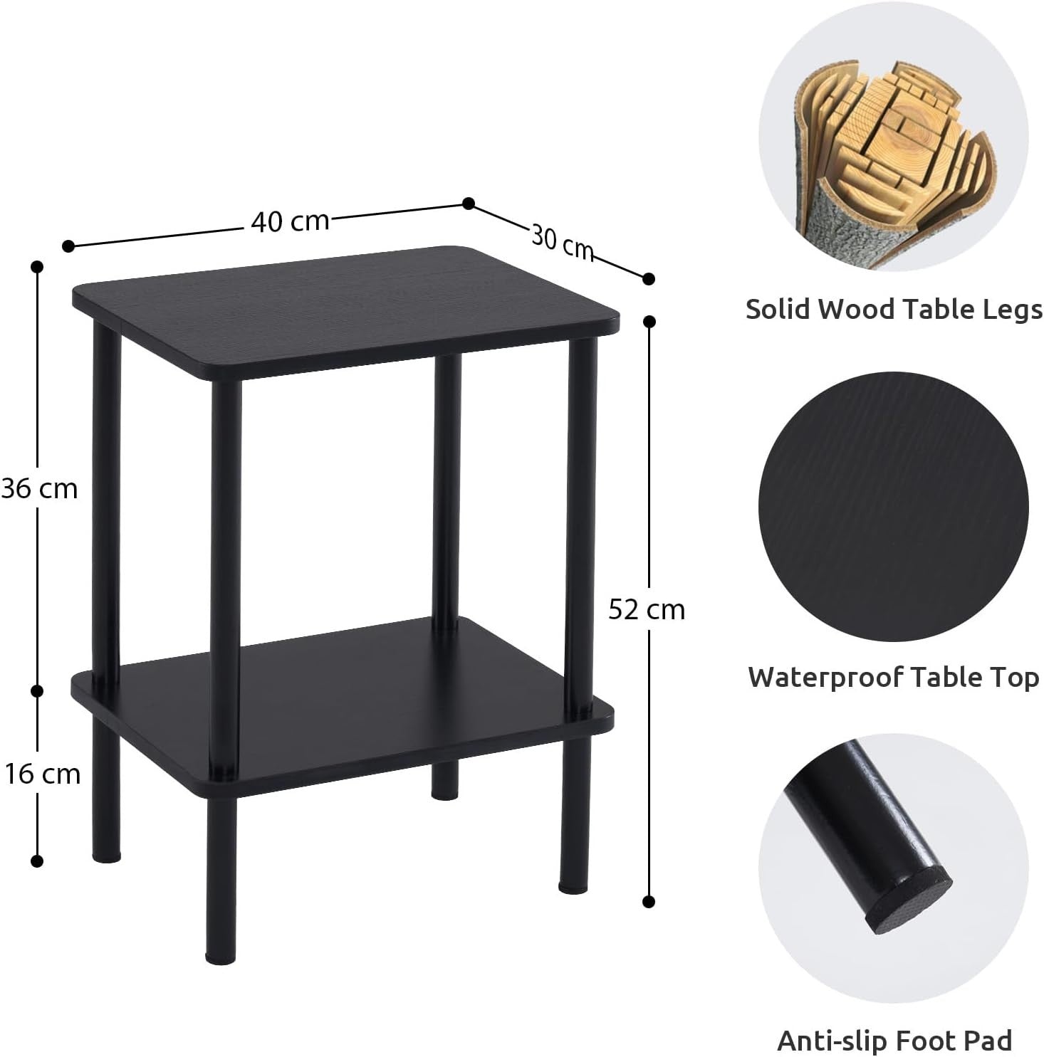 Compact 2-Tier Wooden Side Table, Narrow Bedside Storage, Black Finish