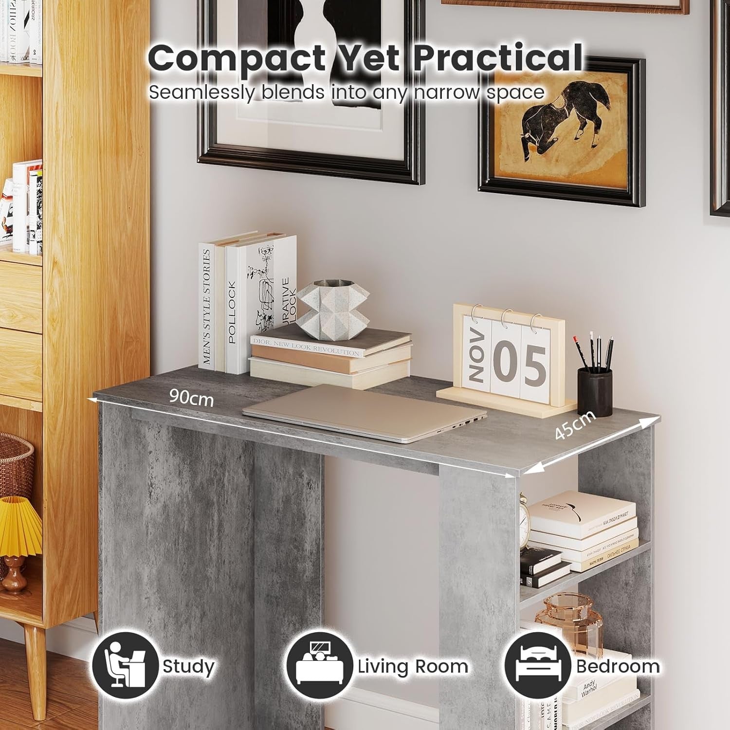 Compact Computer Desk with Bookshelf Small Space Home Office Laptop Table Grey