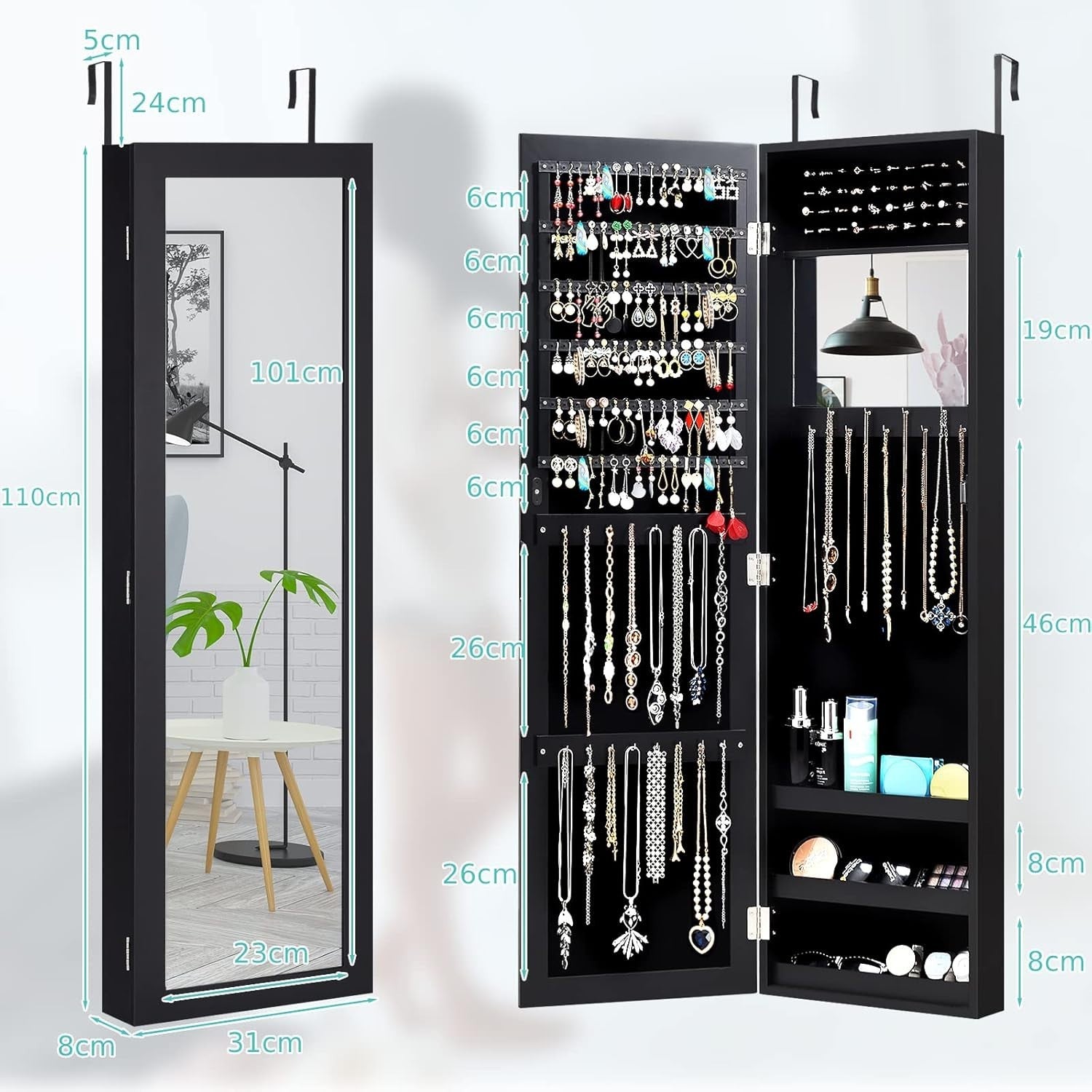 Wall Mounted Jewelry Cabinet Full Length Mirror Door Hanging Organizer