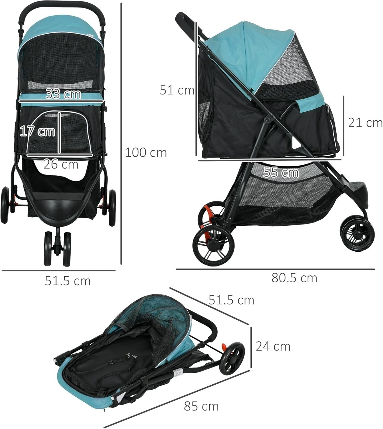 3 Wheel Dog Pram with Rain Cover Foldable Pet Pushchair Small Dogs