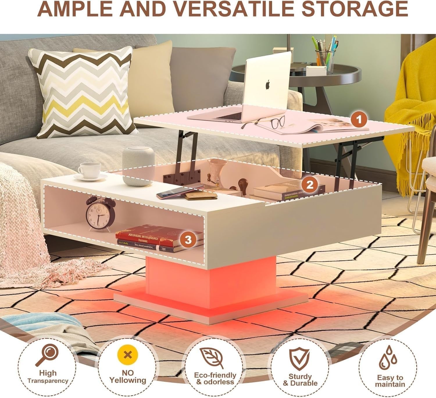 LED Lift Top Coffee Table with Storage 78x78cm – White Square Modern Design
