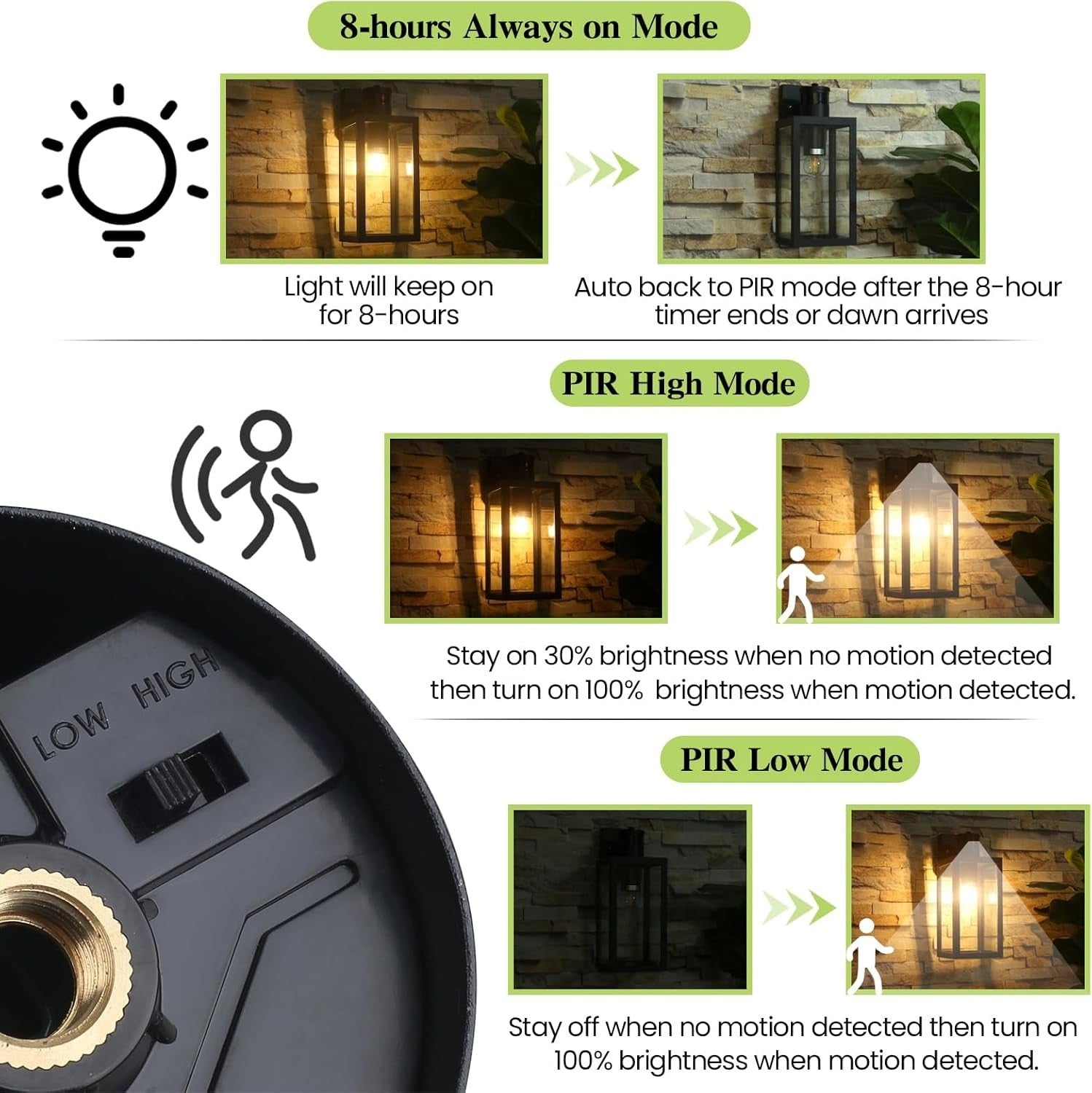 Waterproof Outdoor Wall Light PIR Sensor | 3-Mode E27 Porch Lantern Black