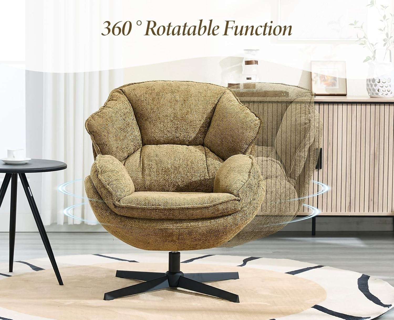 Swivel Lounge Chair Yellow Chenille Armchair 360° Comfy Reading Seat