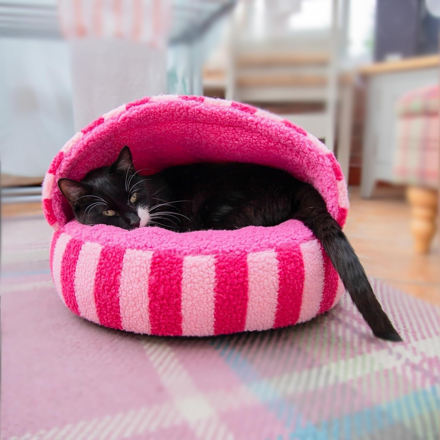 Rosewood Pink Stripe Sherpa Cat Bed Hooded Cave & Lounge 40cm