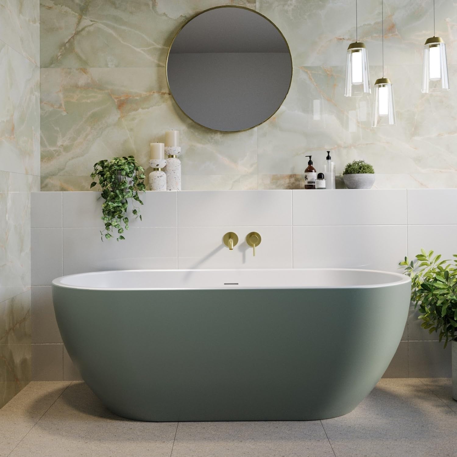 1650x750mm Freestanding Double Ended Bath Green Acrylic Modern Oval