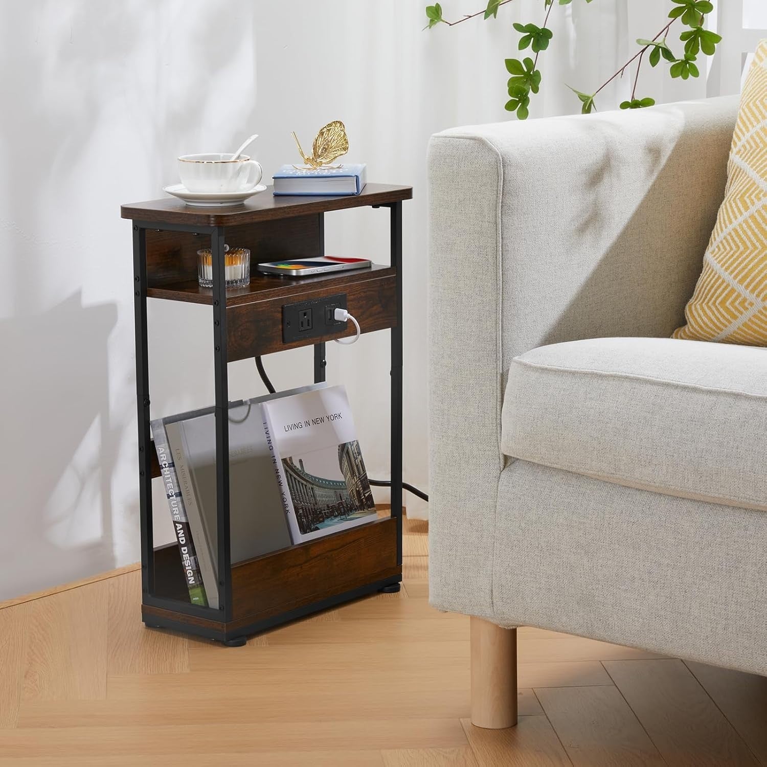 Slim Bedside Table with USB Charging Ports & Storage, Rustic Brown 55cm