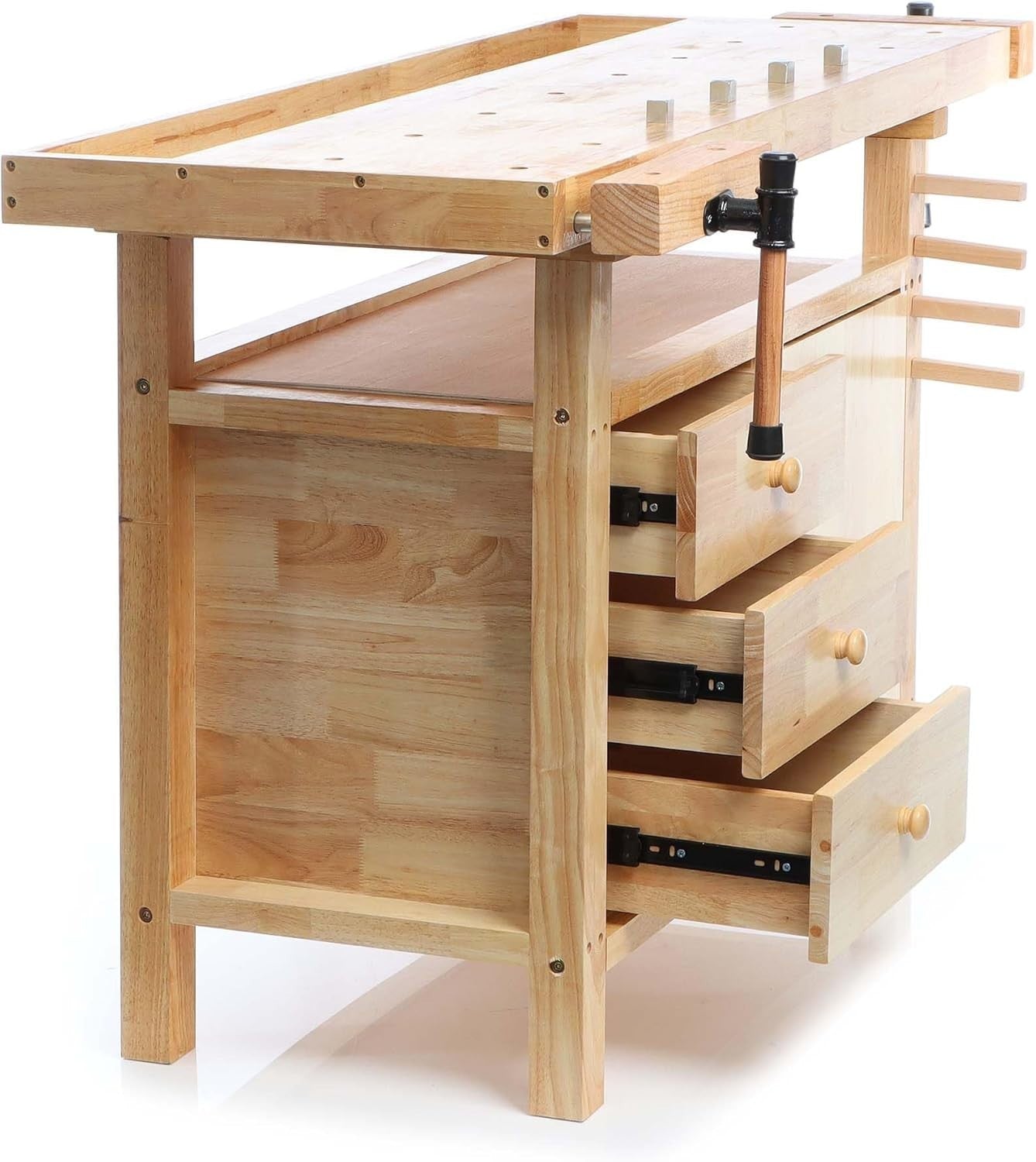 Wooden Planing Bench 126x50x84cm Workbench w/ Vices Hooks Drawers Storage