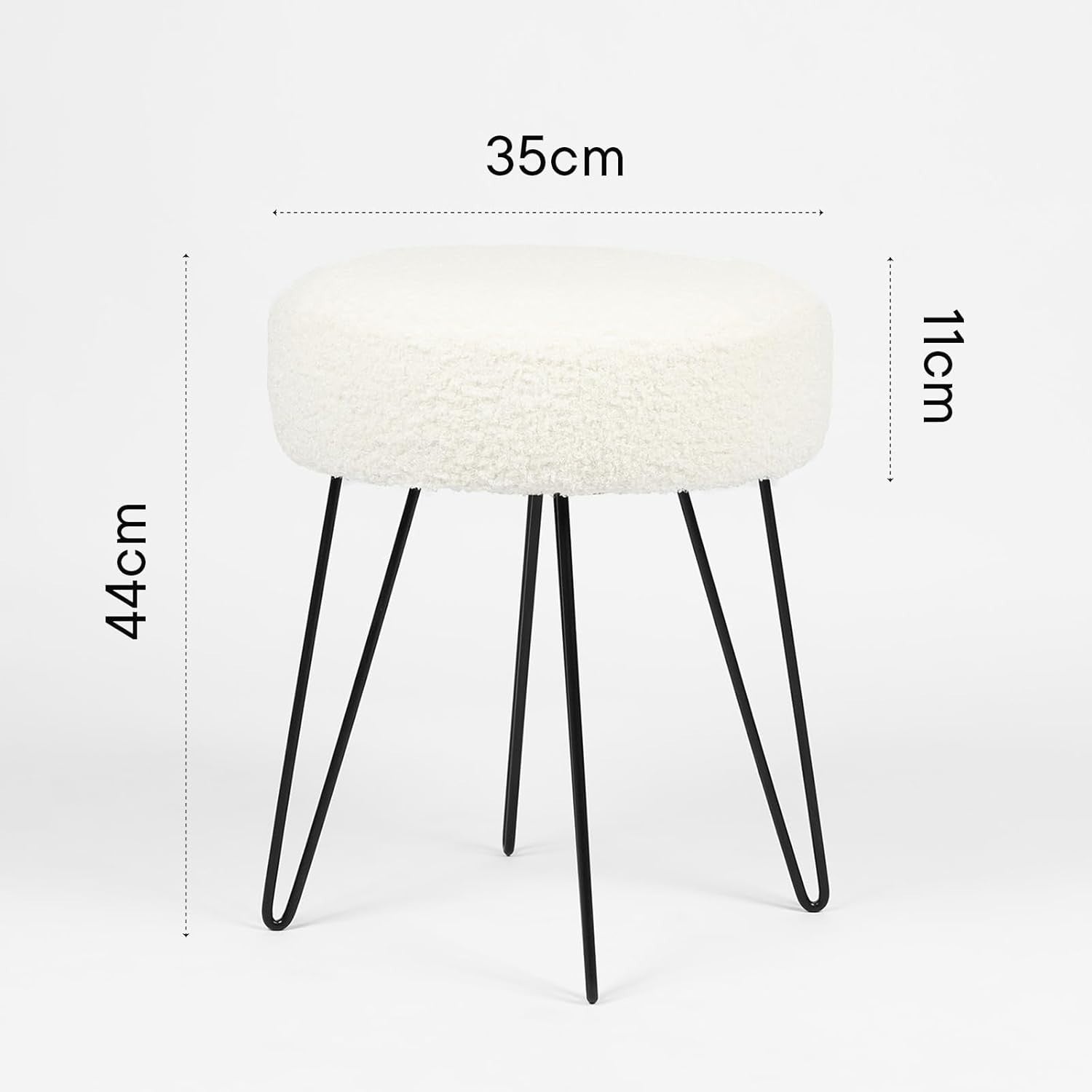White Teddy Bouclé Round Stool Modern Padded Footrest Hairpin Leg Seat