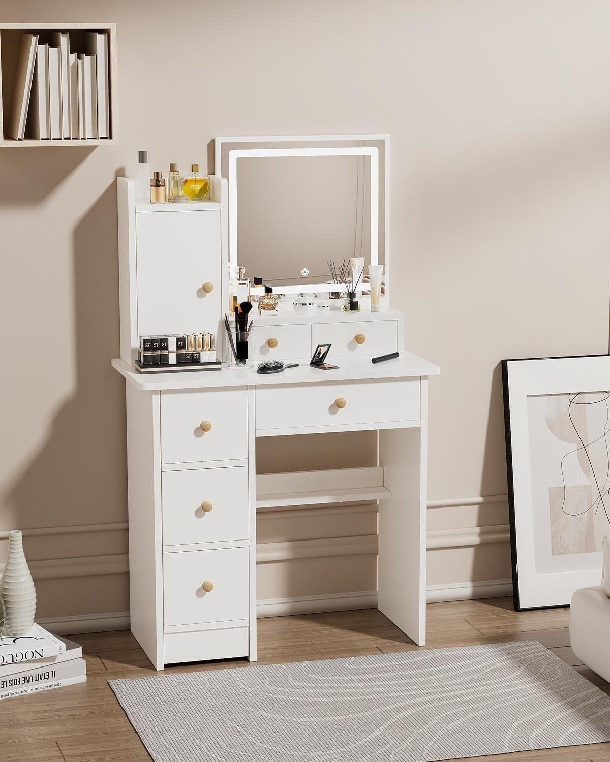 Modern Makeup Vanity Desk Adjustable Mirror 6 Drawers Wood Dresser 40x80x130cm