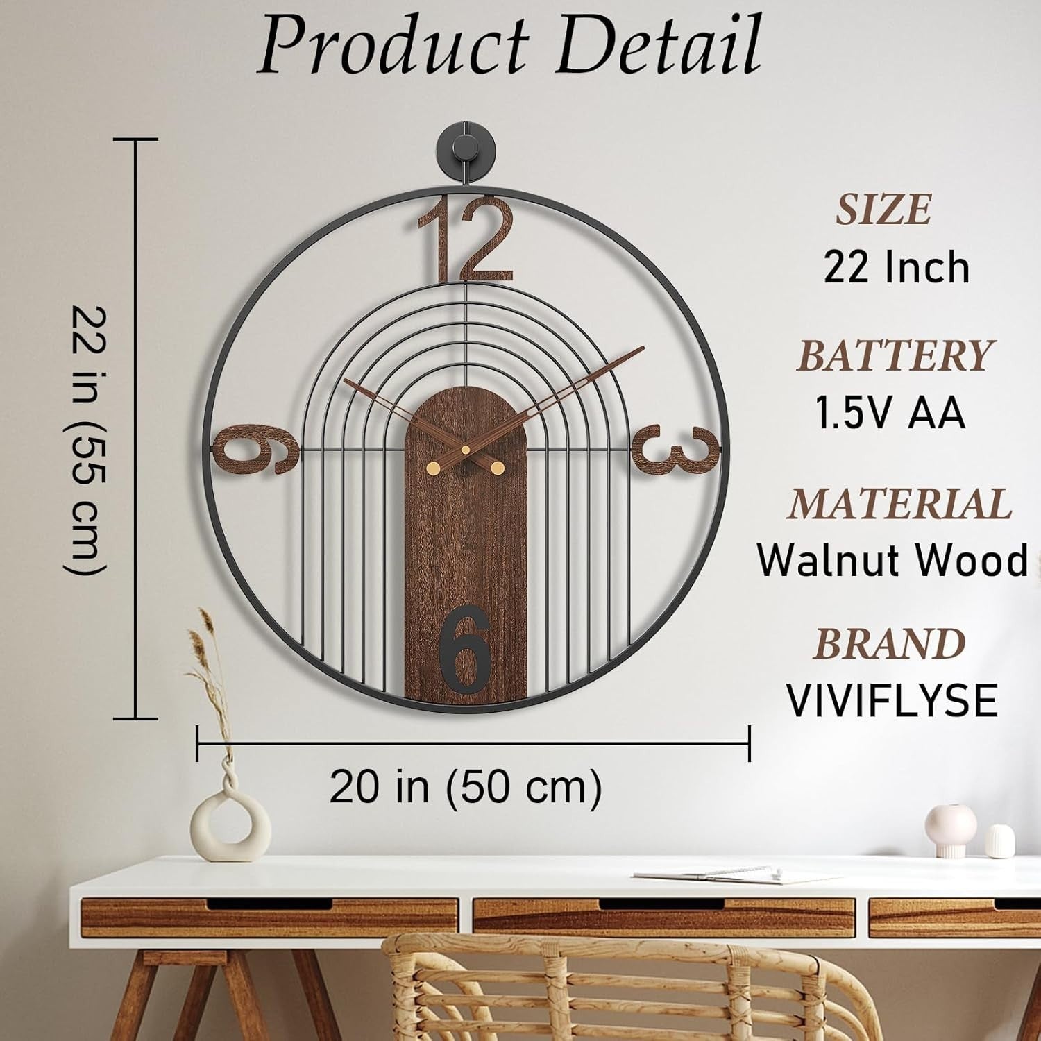 Large Silent Wall Clock Modern Walnut Metal Frame for Living Room Decor