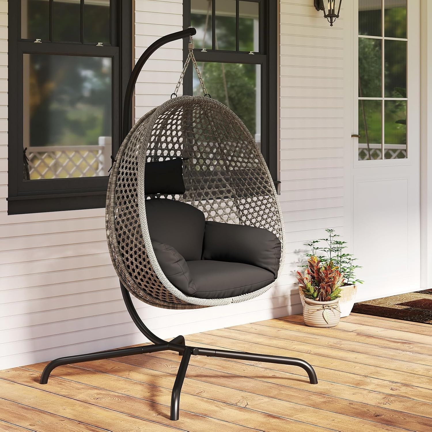 Rattan Hanging Egg Chair with Stand & Cushion 360° Swivel Outdoor Indoor 180kg