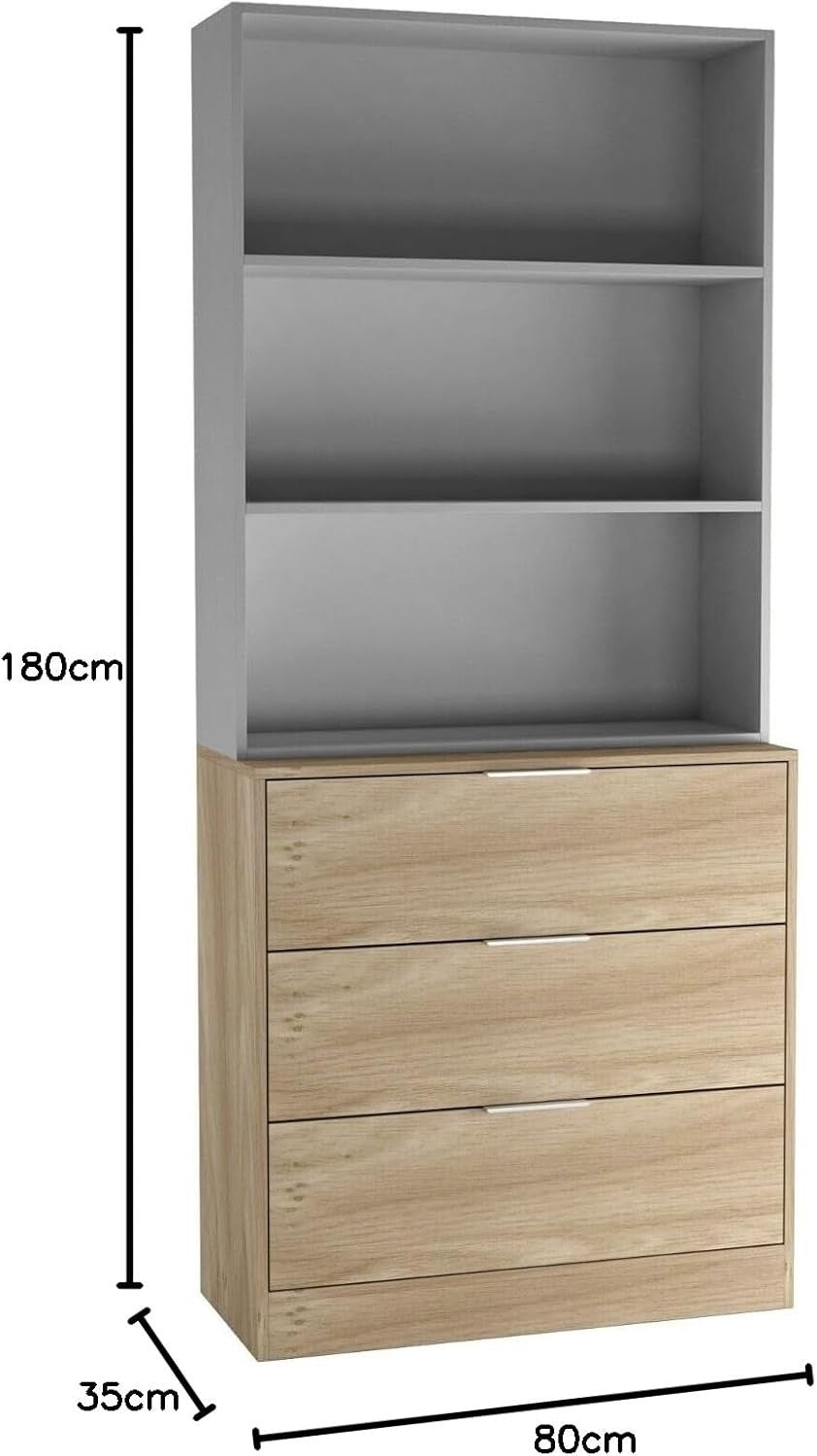 80cm Oak & Grey 3 Drawer Wooden Storage Chest Cabinet with Bookcase