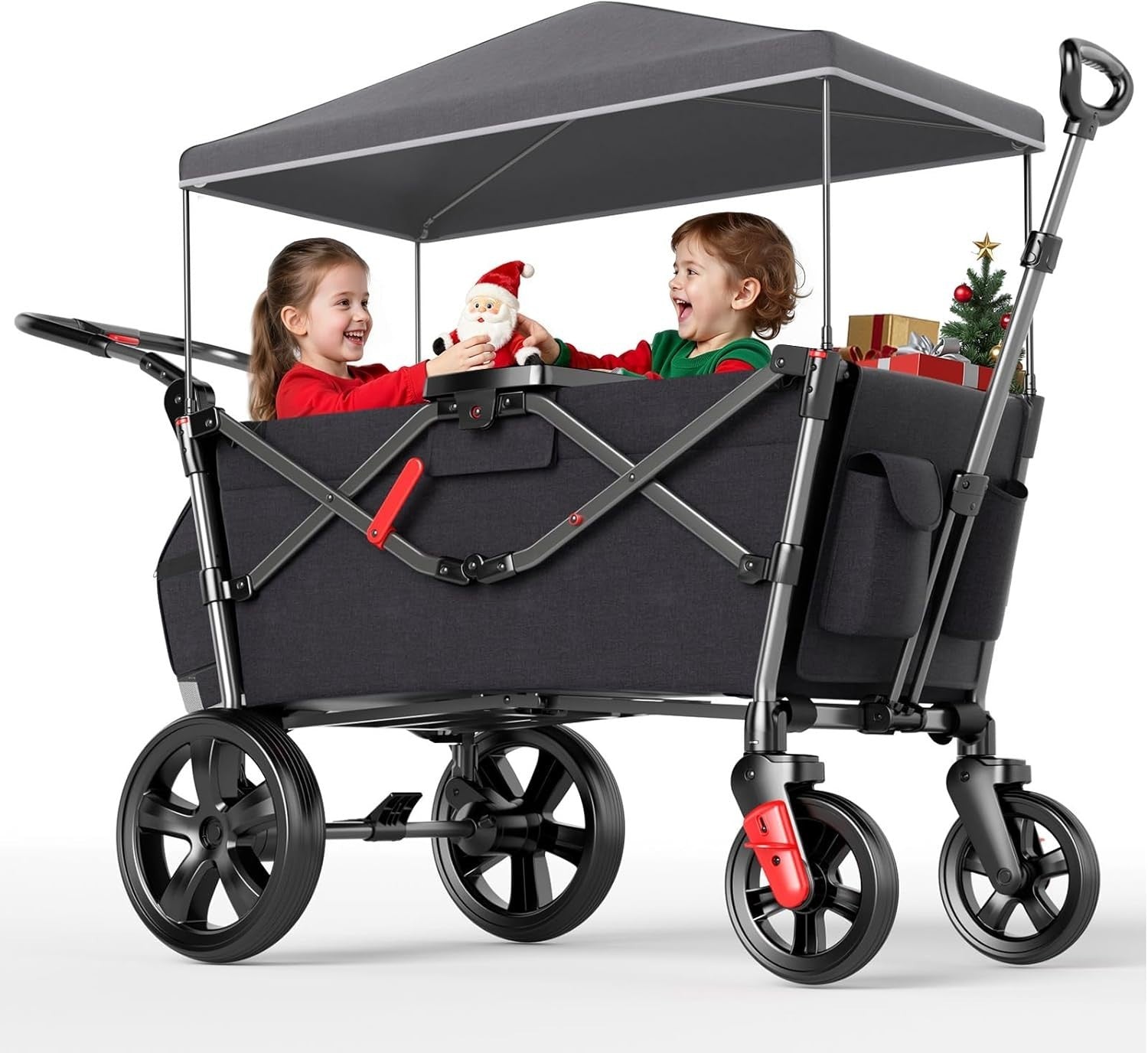 Black Stroller Wagon for 2 Kids w/ Canopy & Seats – Push Pull Cart Harnesses