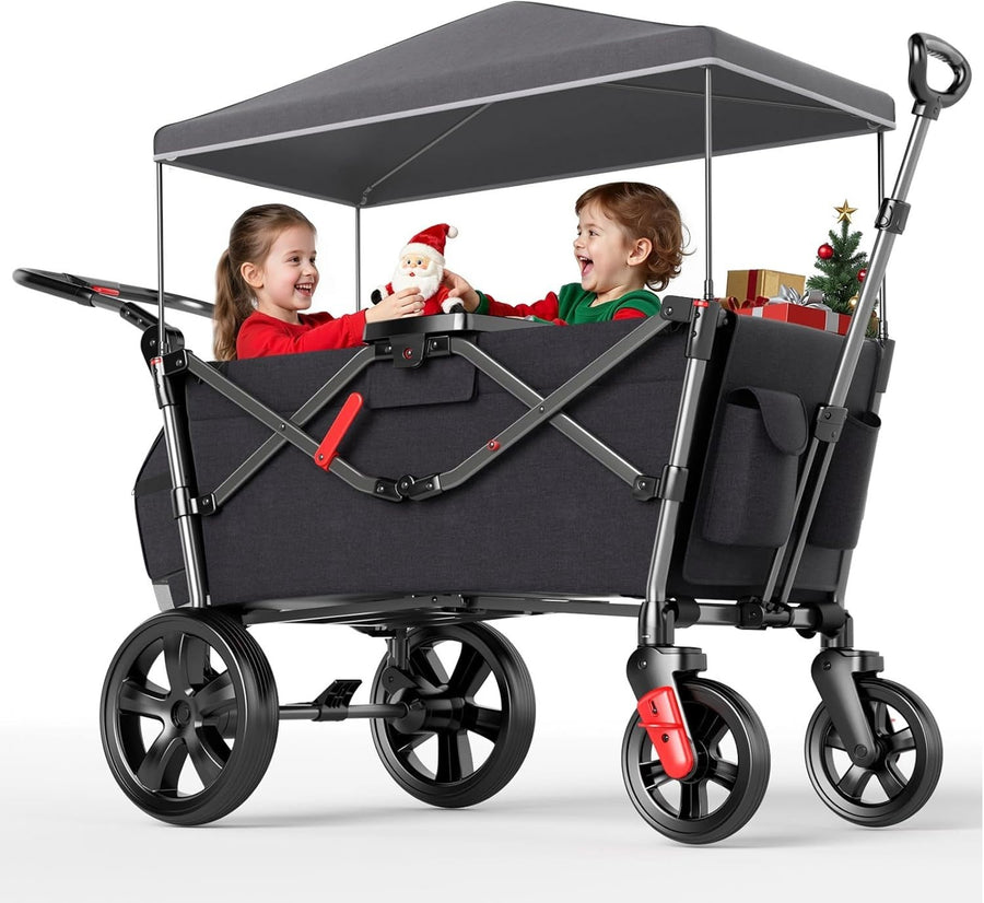 Black Stroller Wagon for 2 Kids w/ Canopy & Seats – Push Pull Cart Harnesses