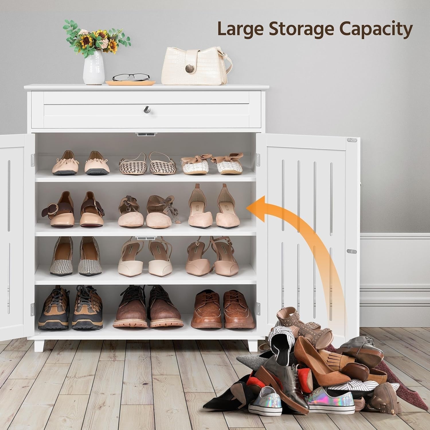 Modern White Shoe Cabinet Storage Unit with Drawer & 2 Doors – 4 Tier