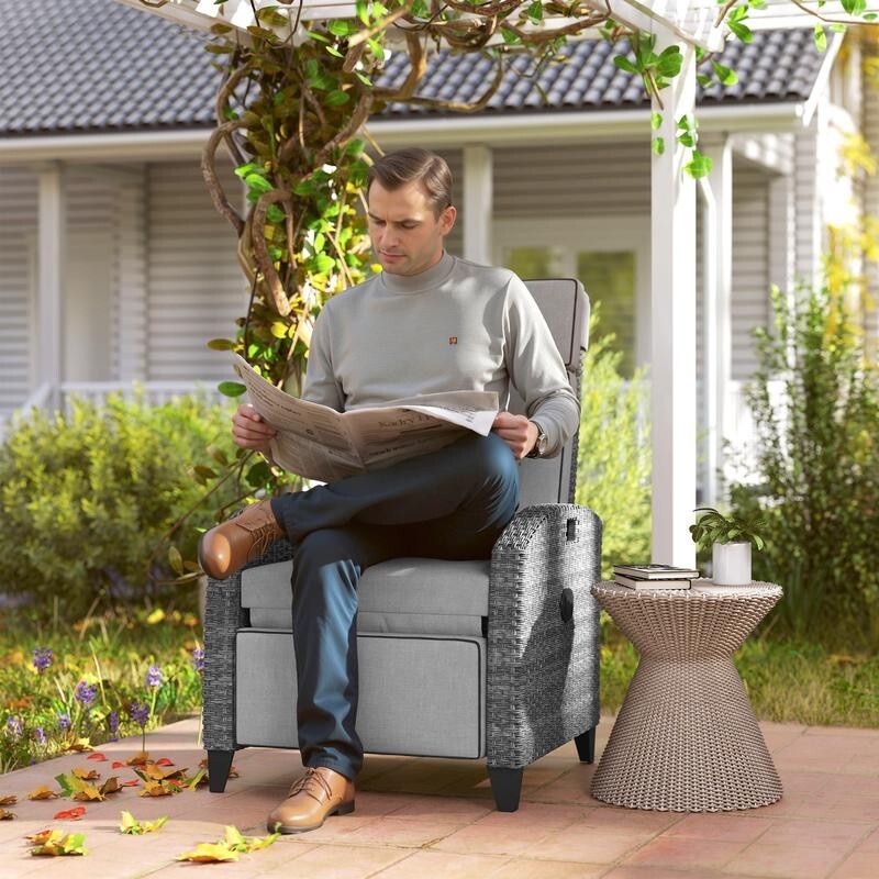 Rattan Recliner Garden Chair – Cushioned PE Wicker Seat w/ Footrest & Tray