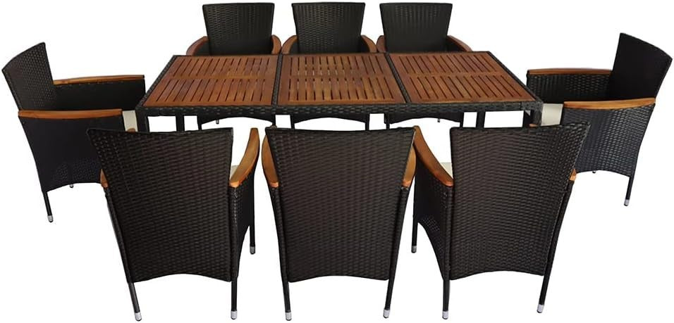Outdoor Rattan Dining Set 9-Piece Wood Table Stackable Chairs Garden Patio