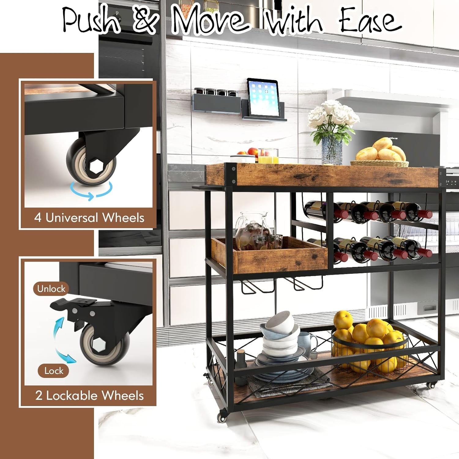 3 Tier Bar Cart Drinks Trolley on Wheels with Wine Rack & Removable Tray