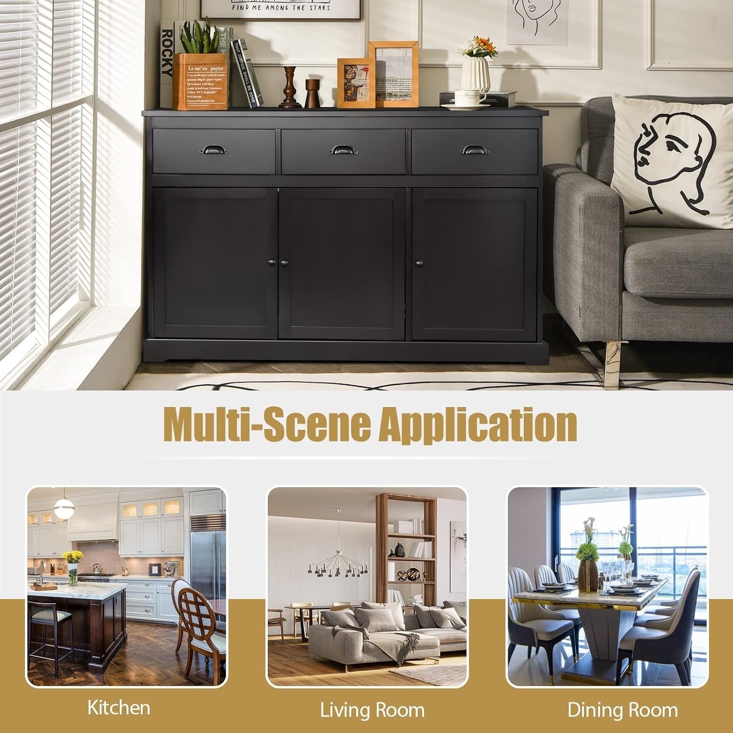 Dark Brown Large Sideboard Buffet Cabinet with 3 Drawers & Adjustable Shelves