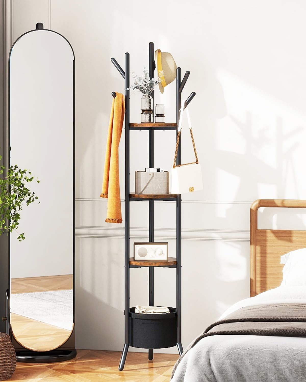 Rustic Brown Freestanding Coat Rack with Shelves | 169cm Hall Tree Stand
