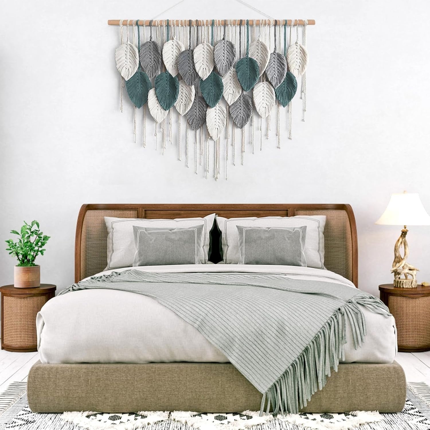 Large Macrame Wall Hanging Boho Leaf Woven Tapestry Teal