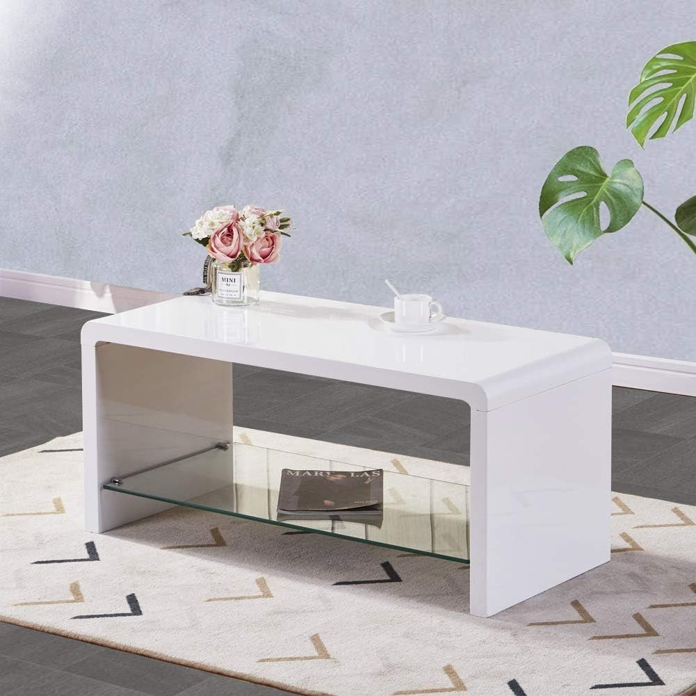 High Gloss White Coffee Table with Glass Shelf 100x45x45cm Modern Design