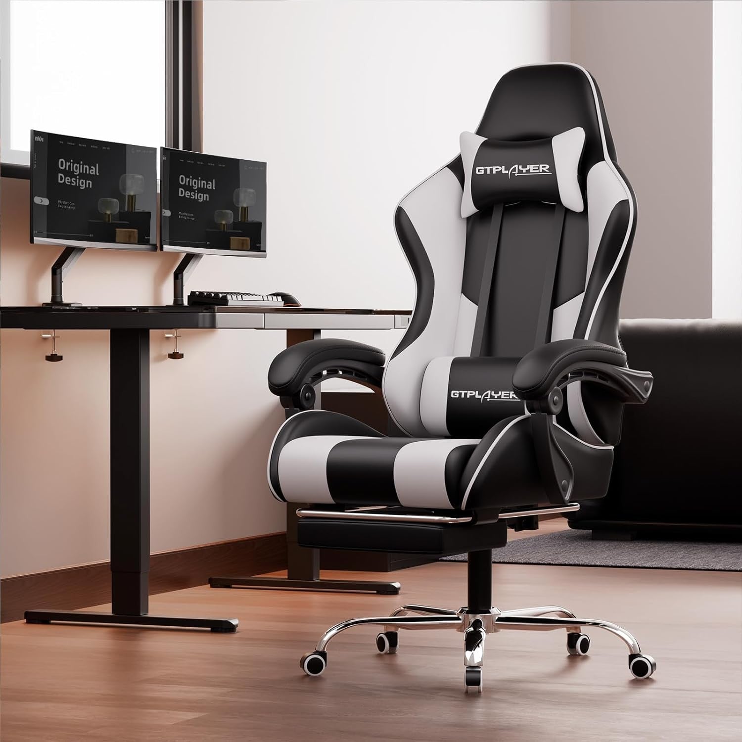 Massage Gaming Chair w Footrest Ergonomic Swivel PC Desk Chair