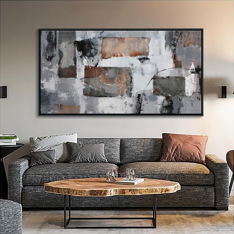 Large Abstract Wall Art Grey Black Framed Canvas