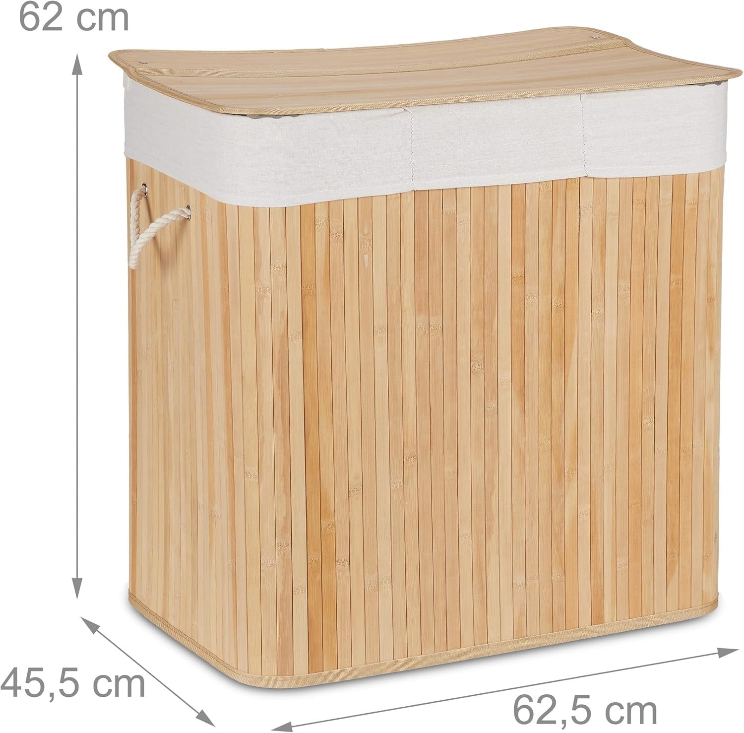 Natural Bamboo Laundry Basket 3-Compartment Sorter with Lid | Folding 62cm Hampe