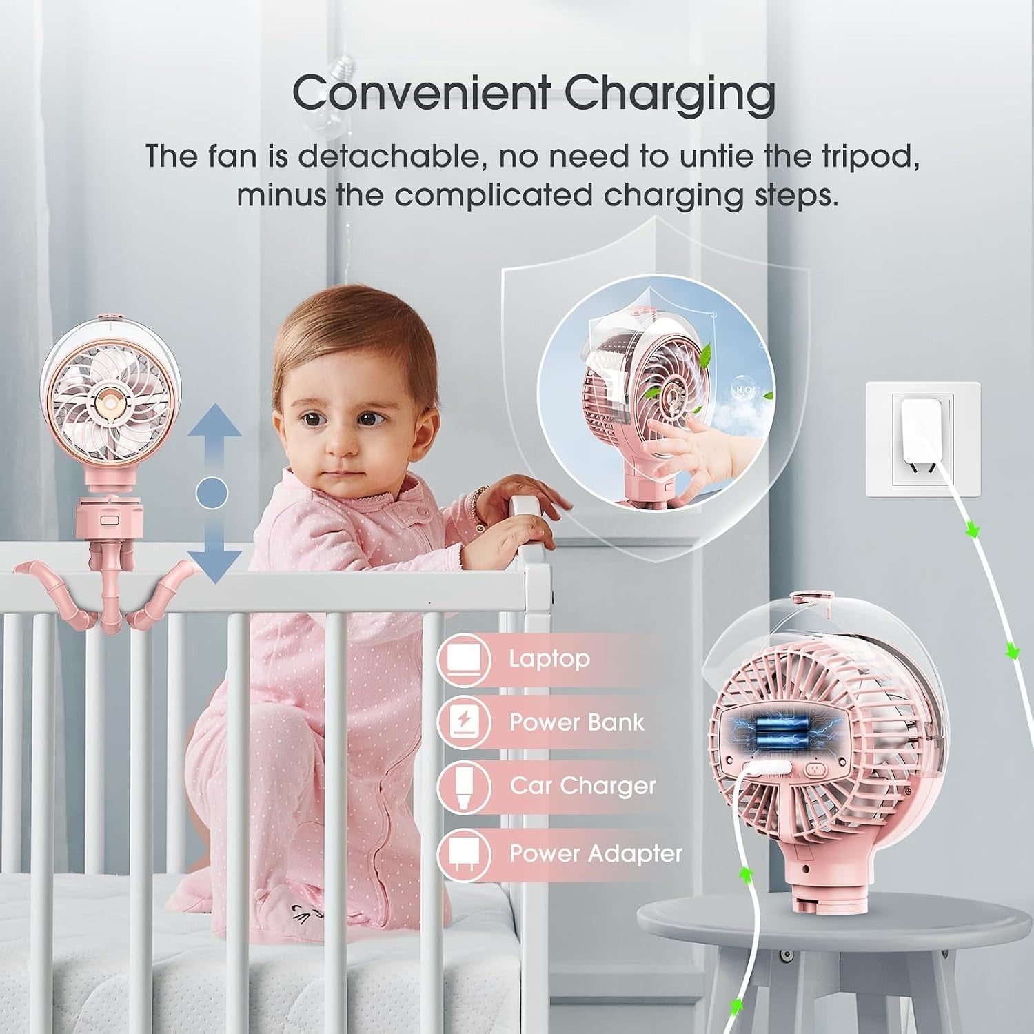 Stroller Clip Fan – Portable 5000mAh Rechargeable Misting Fan w/ Tripod & Clip