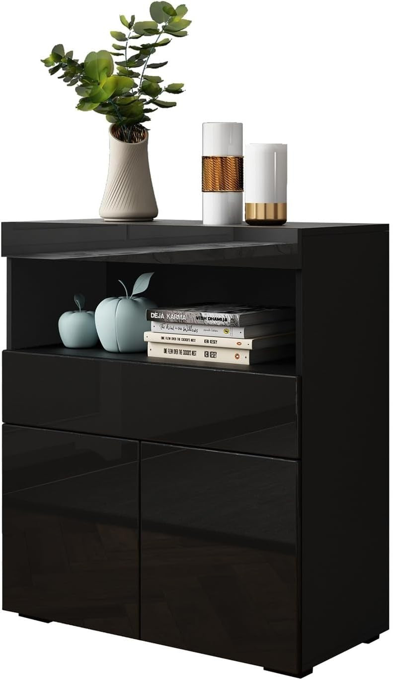 Black LED Sideboard Cabinet Gloss Storage Unit 2 Door 1 Drawer 90cm