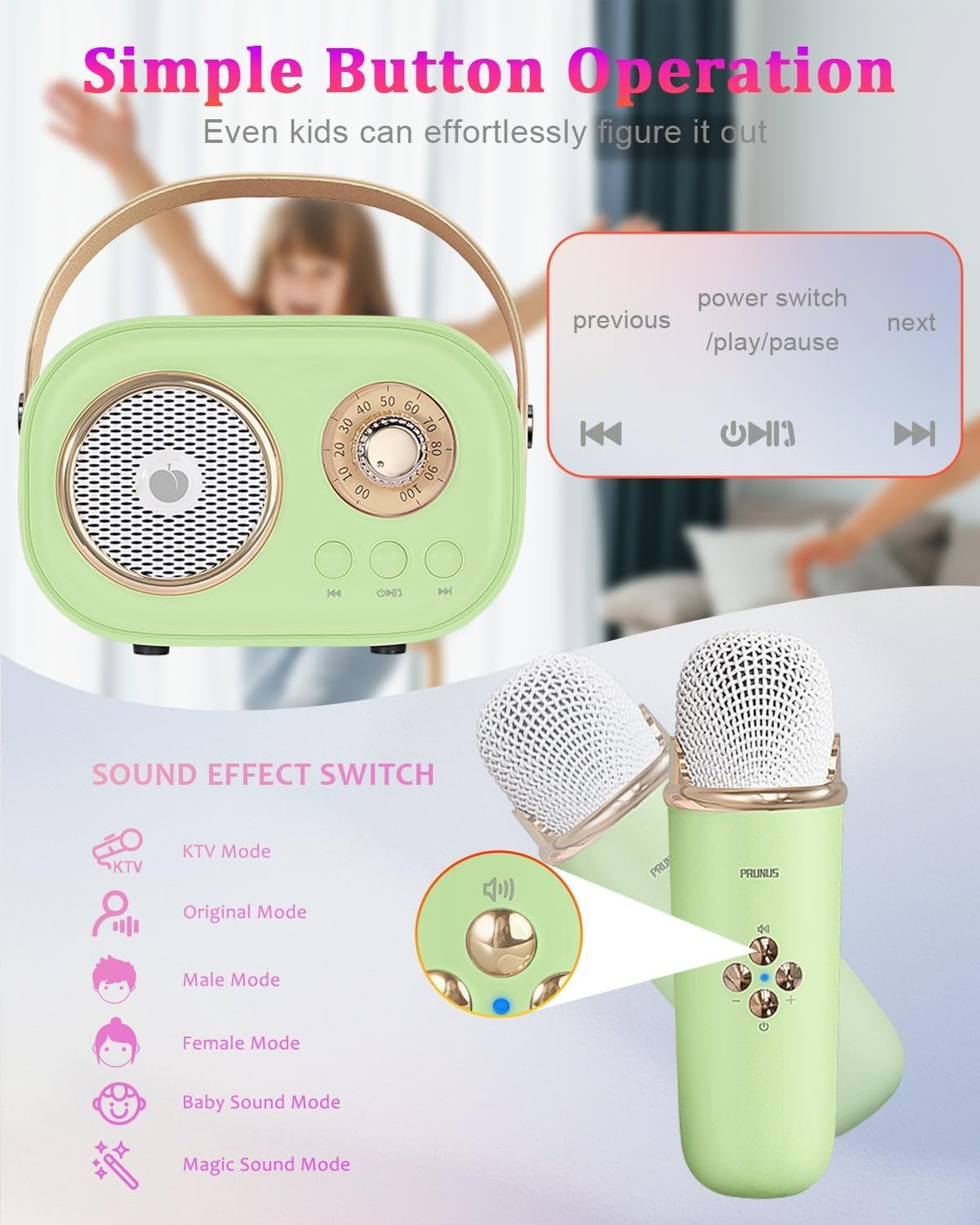 Mini Karaoke Machine Bluetooth 2 Wireless Mics Green Portable