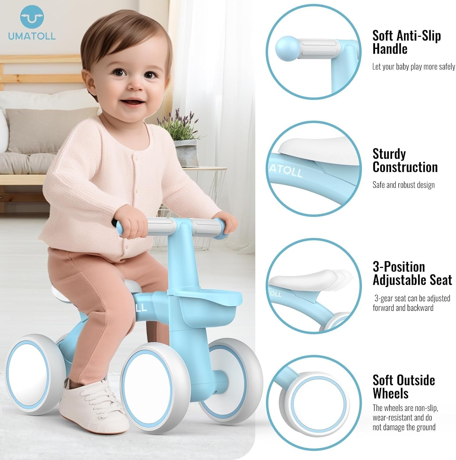 Baby Balance Bike 1 Year Old Toddler Ride On 4 Wheel Adjustable Seat Blue